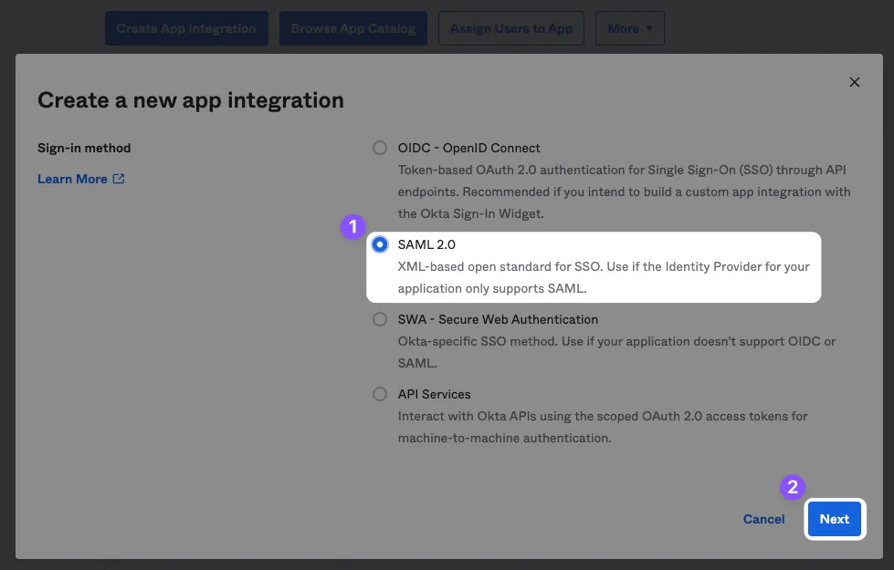 Select SAML 2.0 sign-in method