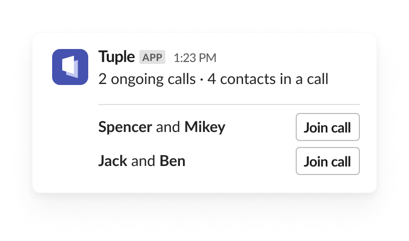 A list of ongoing calls with /tuple ls