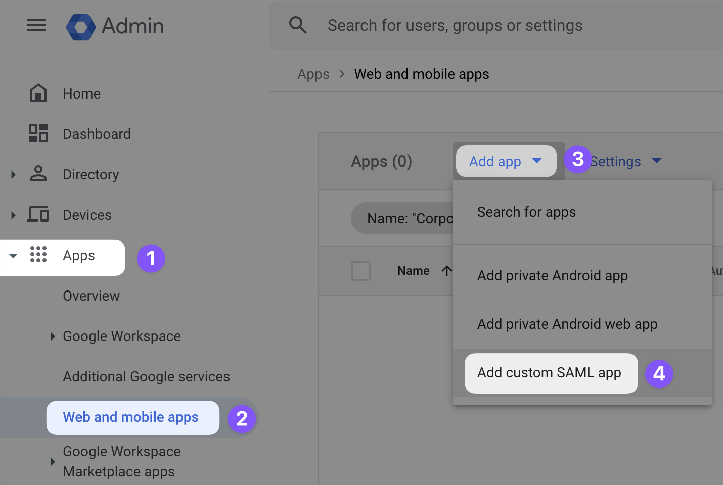 Navigate to add a custom SAML app